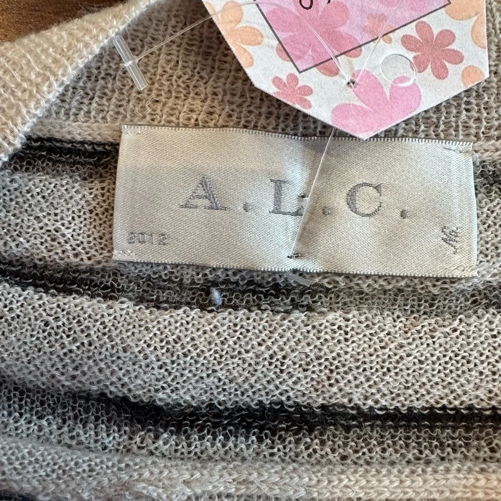 A.L.C. 100% Japanese Yarn Wool 2012 Black/Cream Striped Crew Neck Sweater Sz L - Picture 6 of 6